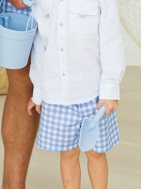 The Beaufort Bonnet Company Light Blue Gingham Kids Swim Trunks